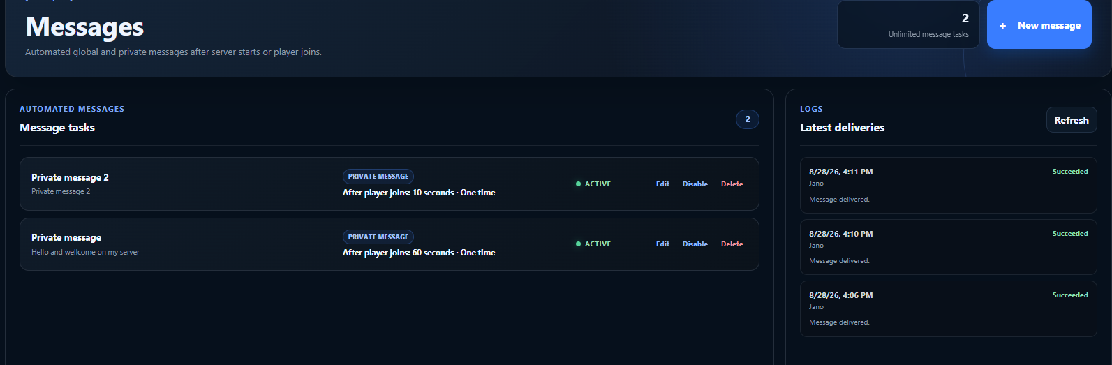 GAdmin automated private messages and successful delivery history