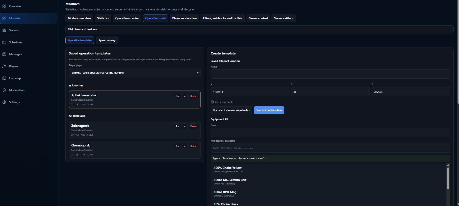 GAdmin saved teleport locations and reusable operation templates