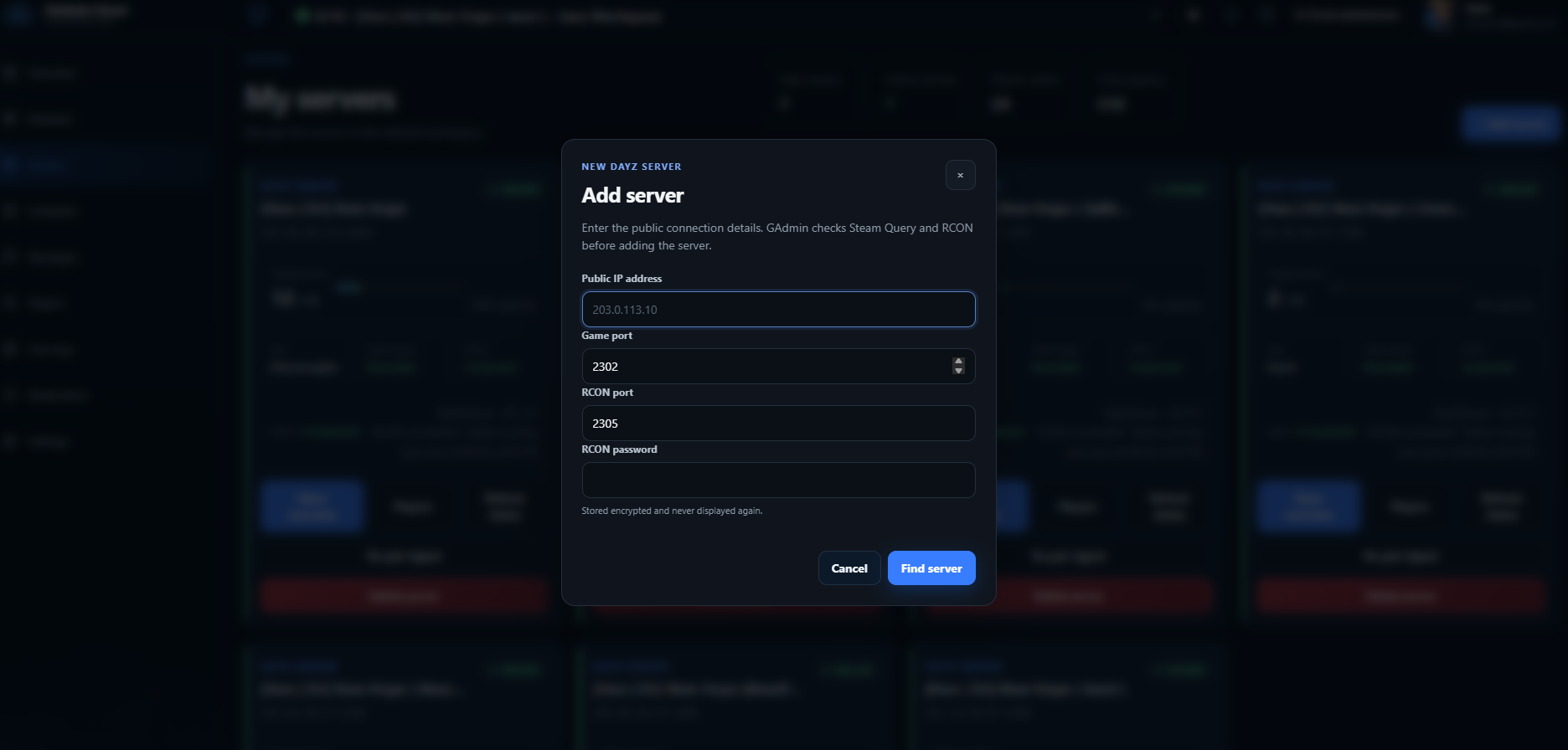 GAdmin Add server dialog with connection details and validation